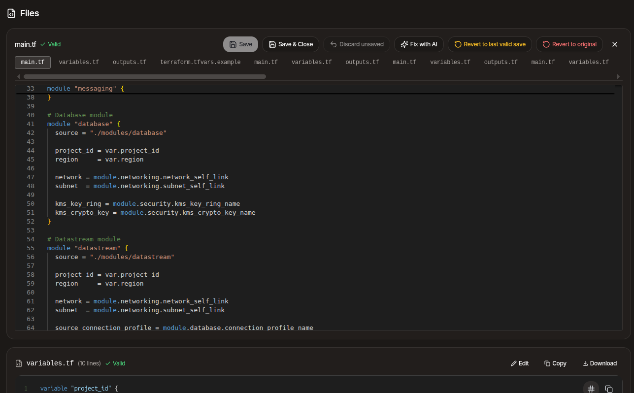 Multi-file infrastructure code editor showing Terraform modules generated for Google Cloud